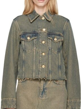 $428 Ganni Distressed Blue Green Denim Jean Jacket Raw Hem Size 36 US 4 XS - S